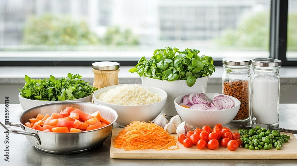 Ingredients prepped on a table, showcasing proper hygiene and safety Ingredients prepped on a table, showcasing proper hygiene and safety