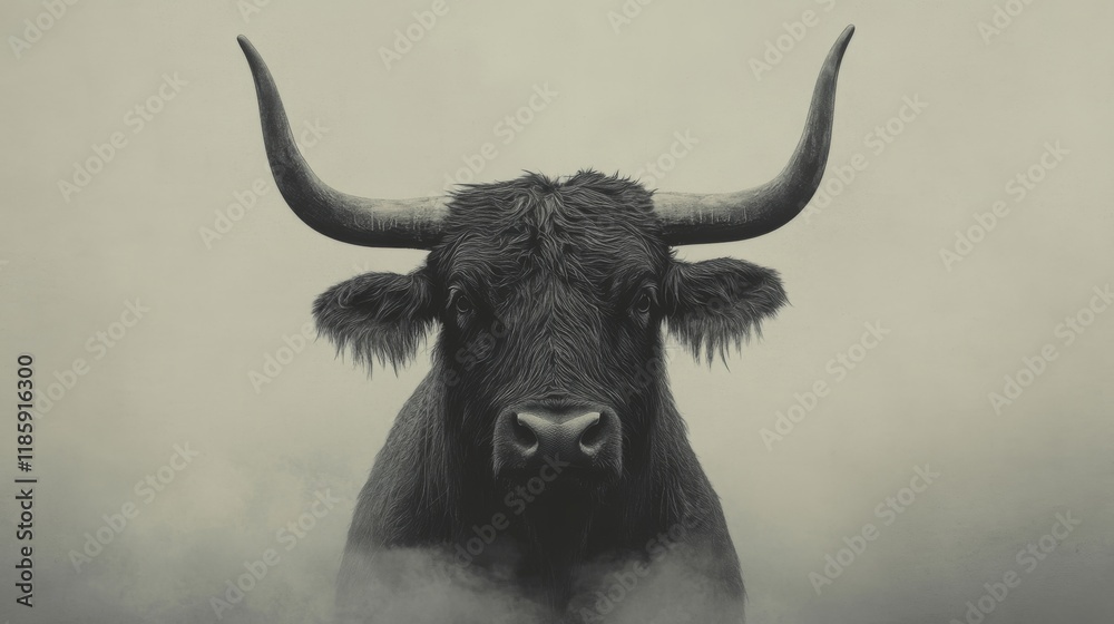 Naklejka premium Majestic bull portrait in monochrome, misty background.