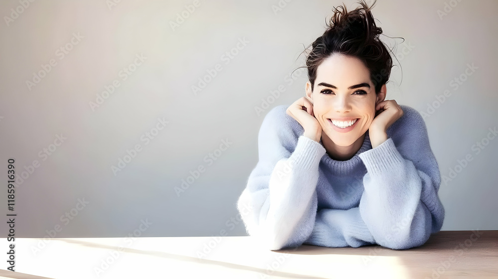 Woman Smiles Brightly, Expressing Happiness and Joy Indoors Woman Smiles Brightly, Expressing Happiness and Joy Indoors