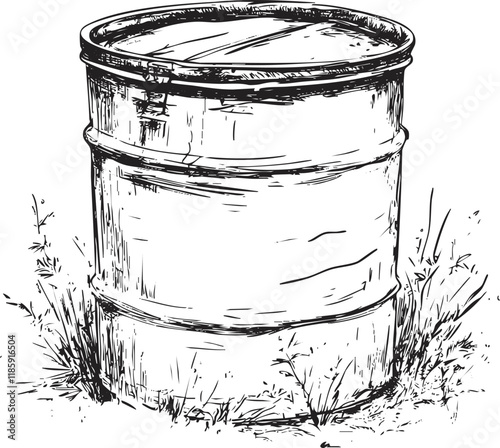Hand-drawn sketch of a metal barrel with rustic details.