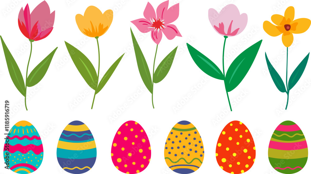 Easter vector objects - eggs and spring flowers - tulips and daffodils