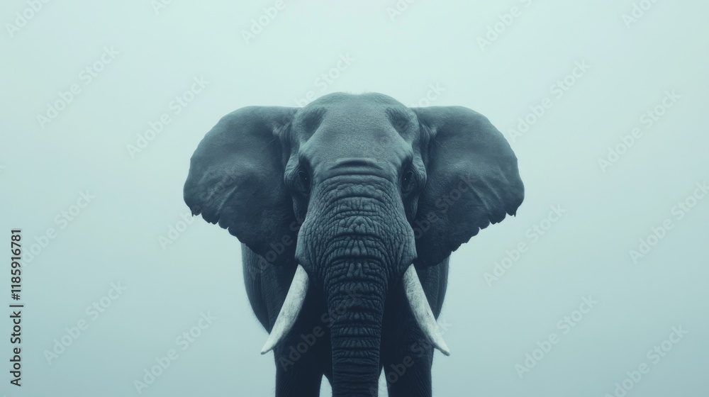 Obraz premium Majestic elephant in misty landscape, facing camera.