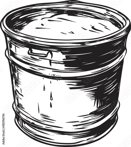 Black and white illustration of a vintage metal bucket with handle.