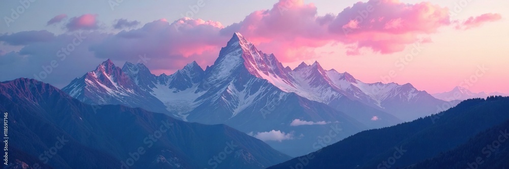 Soft pink glow over mountain peaks fading into dark grey clouds, nature, sky, mountains