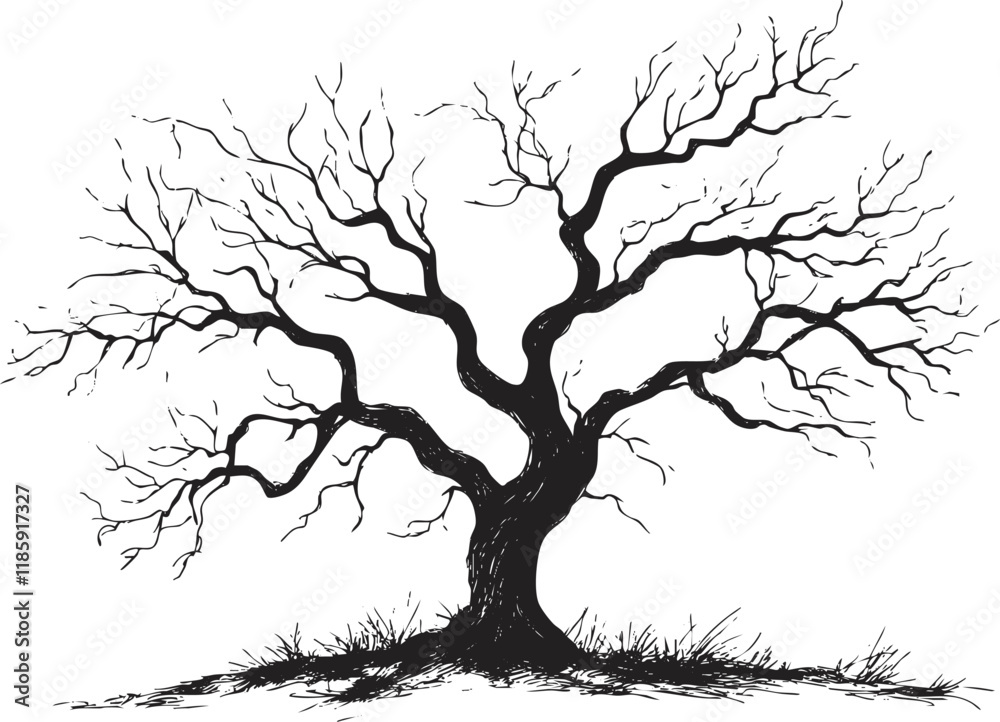 Obraz premium Silhouette of a leafless tree with intricate branches on a white background.