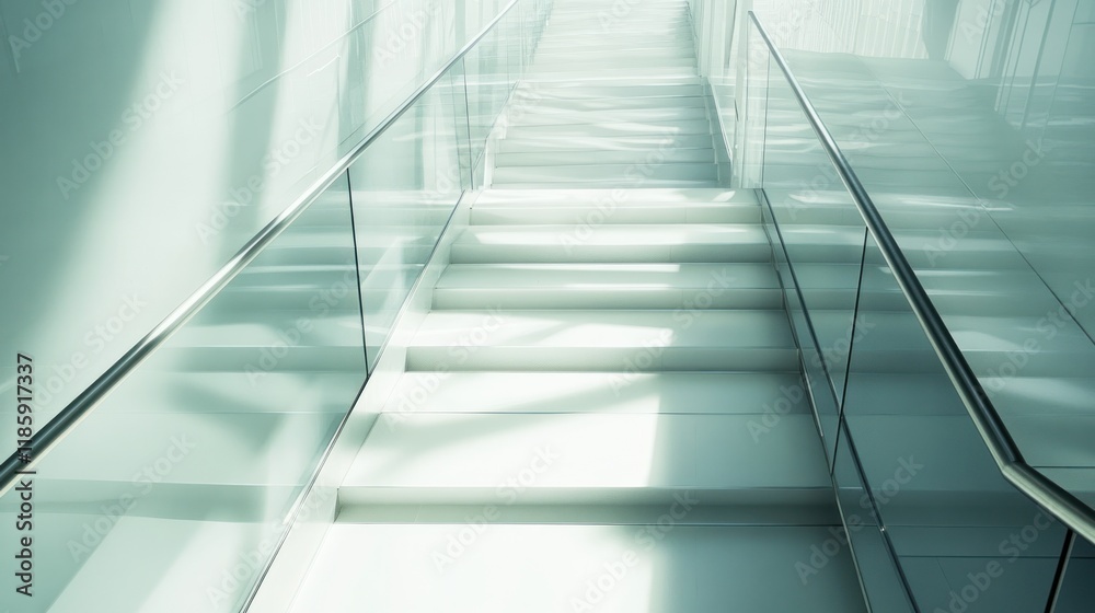 Modern glass railing staircase with sunlight. Modern glass railing staircase with sunlight.