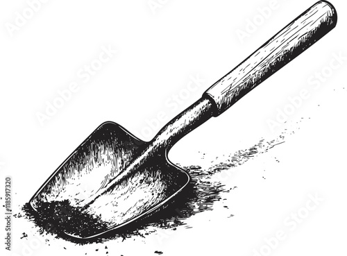 Illustration of a hand shovel with soil, black and white sketch. photo