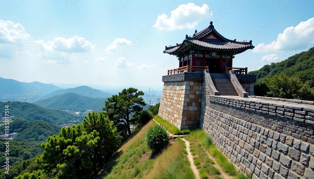 Stone wall with a watchtower in the background, Joseon Dynasty, fortress wall, World Heritage Site Stone wall with a watchtower in the background, Joseon Dynasty, fortress wall, World Heritage Site