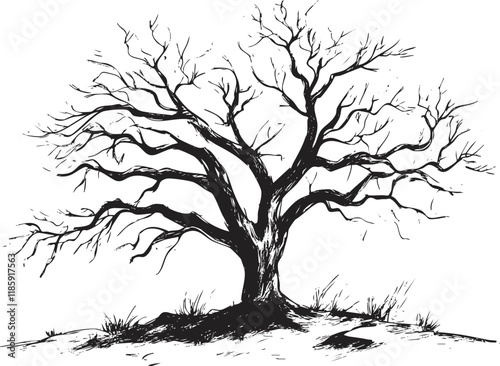 Black and white silhouette illustration of a barren tree with branches.