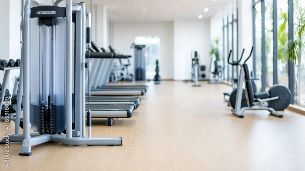 Modern gym interior with fitness equipment and bright natural light streaming through large windows Modern gym interior with fitness equipment and bright natural light streaming through large windows