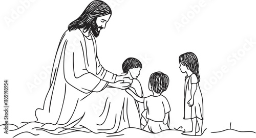 Line art illustration of Jesus with children, symbolizing guidance and love.