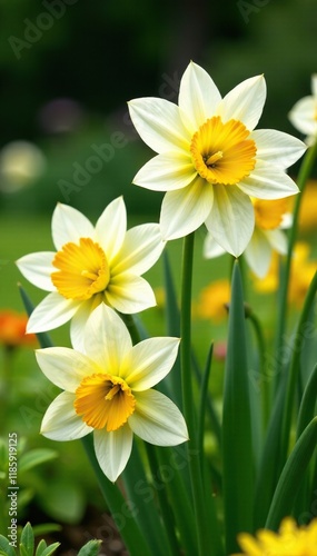 White and yellow striped flowers blooming in a garden bed, white, garden