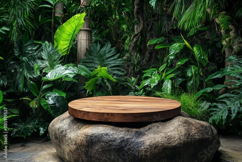 Jungle backdrop, wooden platform, stone base, product display photo