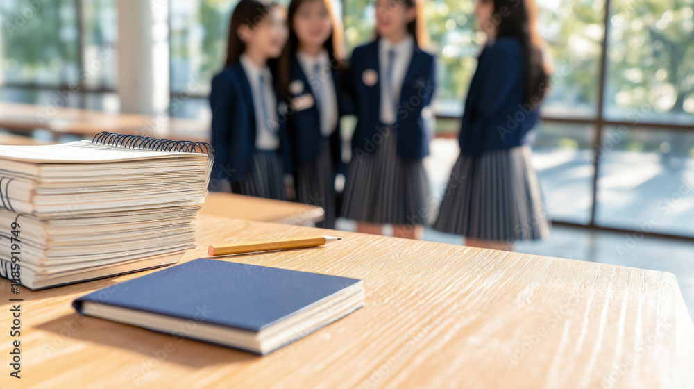 A wooden school desk with light scuff marks, a few stacked notebooks and a pencil on top. a small group of Asian teen female students standing casually and laughing together. A wooden school desk with light scuff marks, a few stacked notebooks and a pencil on top. a small group of Asian teen female students standing casually and laughing together.