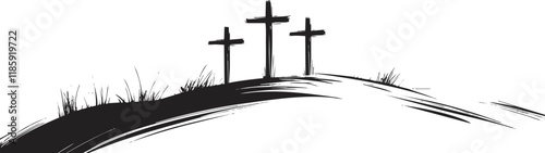 Silhouette of three crosses on a hill in black and white illustration.