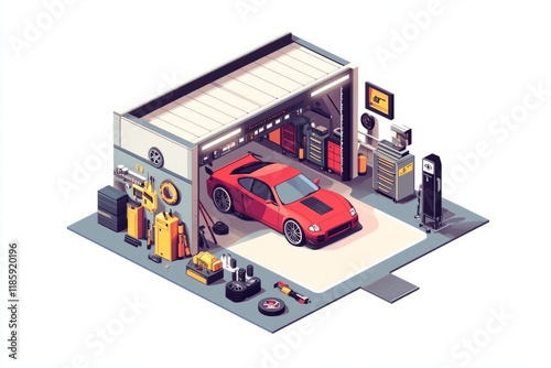 illustration of an isometric racing hangar in a flat, raw, caricature, retro style.