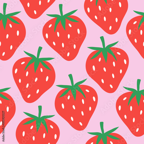Seamless abstract summer pattern of whole cute strawberries in a row on a pink background, flat style, hand drawn illustration