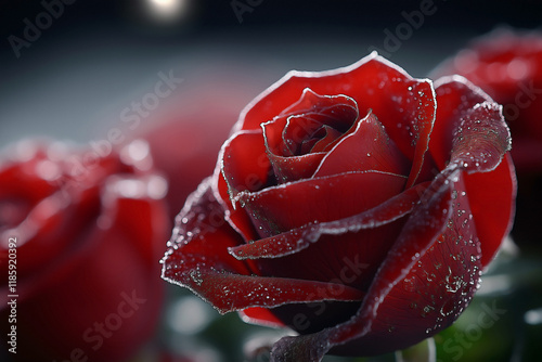 A deep red winter roses velvety and tipped with frost, appearing resilient against the cold. by an intense moonlight that creates a subtle lens flare photo