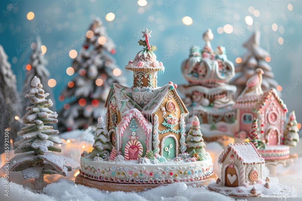 Obraz premium A three tiered Christmas cake made of gingerbread houses and trees.