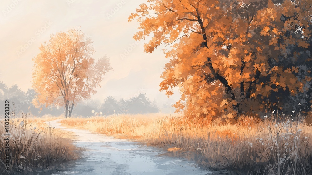 Fototapeta premium Autumnal Path: A Serene Digital Painting of a Misty Meadow Path Winding Through Golden Trees