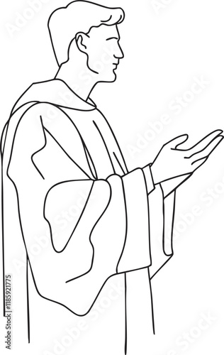 Line drawing of a priest making a gesture with raised hands.