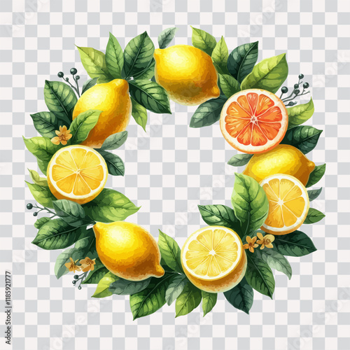 Watercolor Lemon Frame Border Wreath Clip art on transparent background.