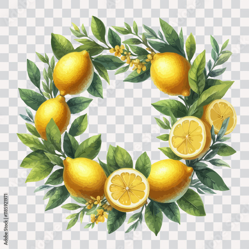 Watercolor Lemon Frame Border Wreath Clip art on transparent background.