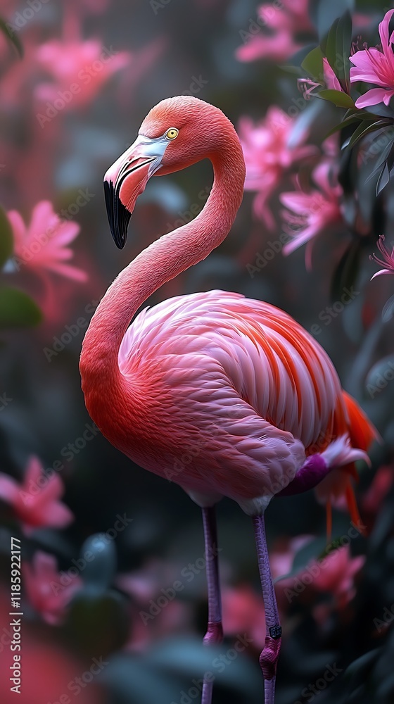 Fototapeta premium Tropical garden with flamingo surrounded by pink flowers high resolution hd picture