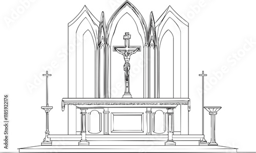 Line drawing of a church altar with a crucifix and gothic architecture.