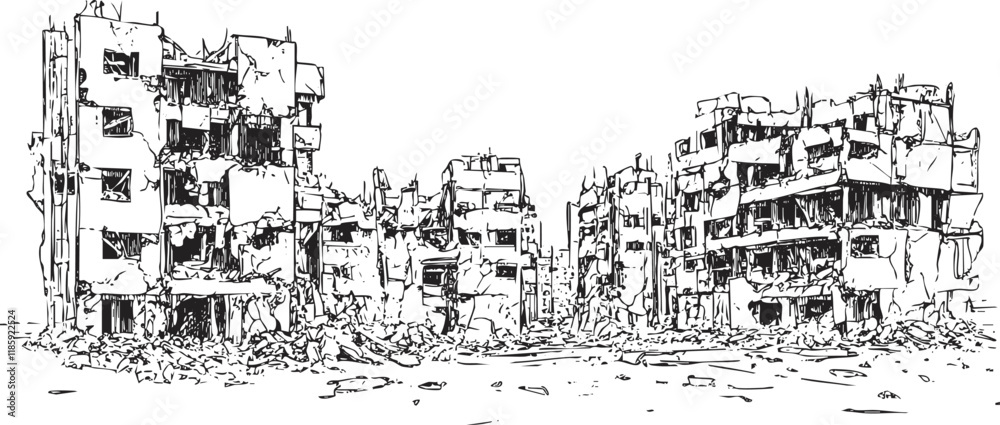 Obraz premium Black and white illustration of war-torn buildings in a devastated cityscape.