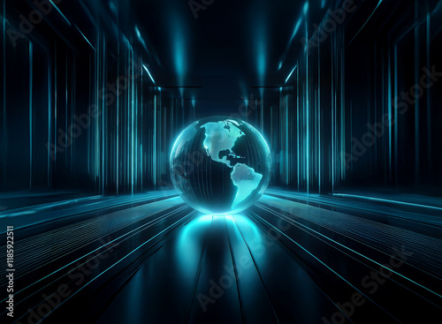 A translucent, glowing Earth sphere rests at the center of a dark, futuristic corridor, illuminated by vibrant cyan energy lines.  The scene evokes themes of global connectivity and technological adva photo