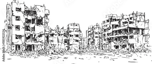 Black and white illustration of war-torn buildings in a devastated cityscape.