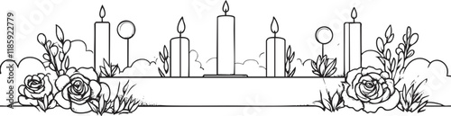 Black and white line art of candles and roses in a minimalist style.