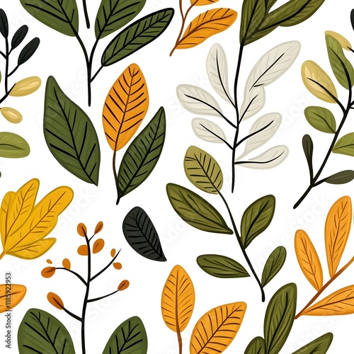 Wallpaper Mural A vibrant seamless pattern featuring various stylized leaves and branches in shades of autumnal gold, orange, green, and gray. Torontodigital.ca