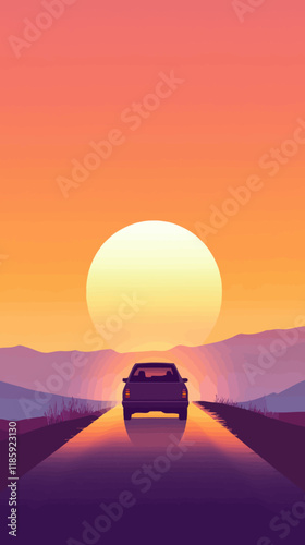 Car on Dirt Road at Sunrise: Serene Morning Journey Illustration