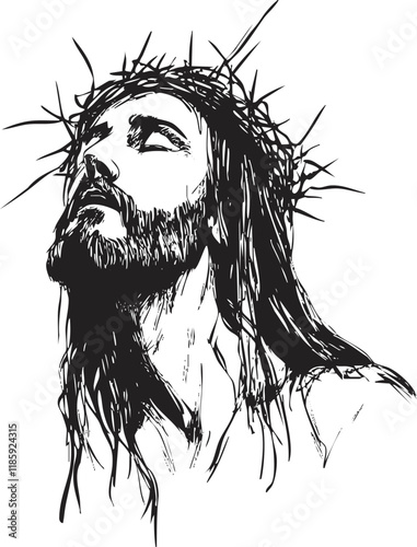 Black and white sketch of Jesus with a crown of thorns.