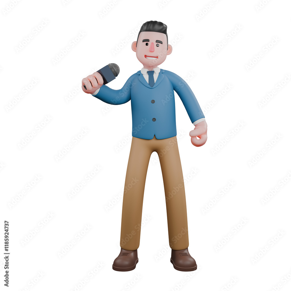 A male TV presenter stands with his right hand holding a microphone A male TV presenter stands with his right hand holding a microphone