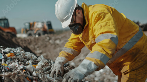 worker in yellow protective suit and helmet carefully handles hazardous waste at landfill site, ensuring safety and environmental protection