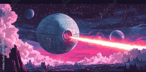 Death Star Firing Laser Over Pink Alien Landscape