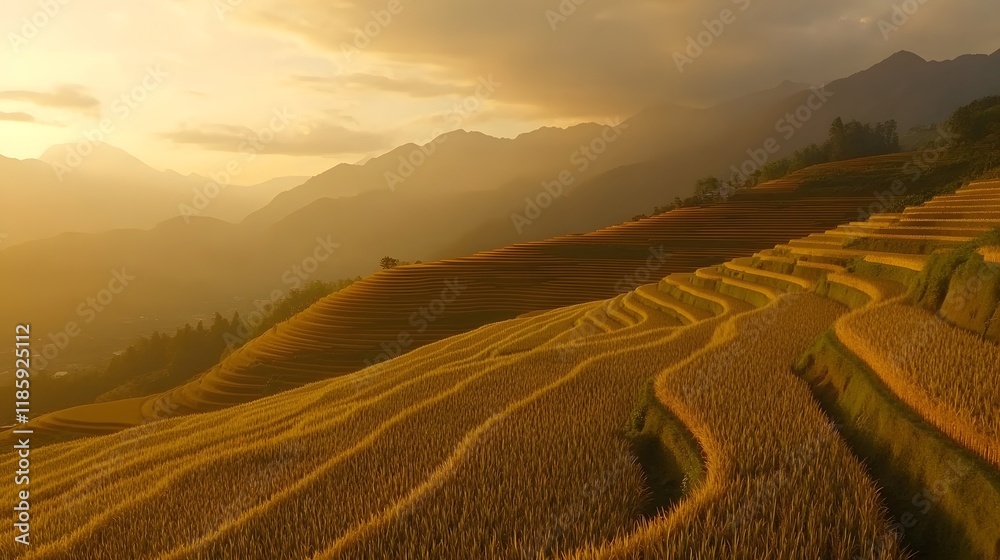 Golden Rice Terraces Basking In Sunset Glow Over Mountains Golden Rice Terraces Basking In Sunset Glow Over Mountains