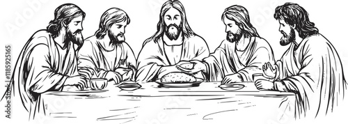 Illustration of Jesus and disciples at the Last Supper table.