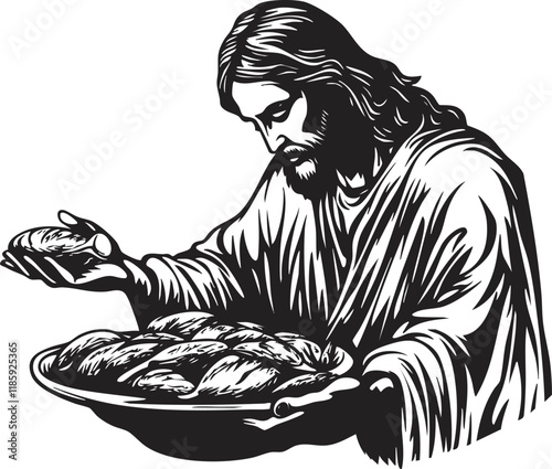 Monochrome illustration of Jesus holding bread and fish, symbolizing biblical story.