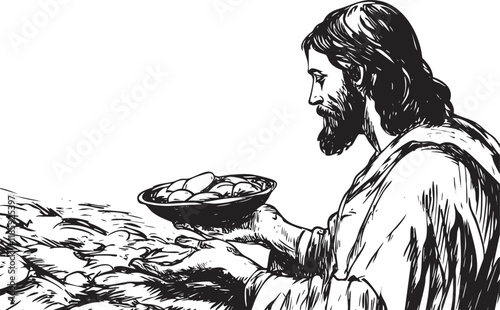 Illustration of Jesus performing the miracle of loaves and fish.