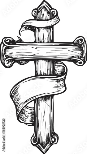 Vintage illustration of a wooden cross wrapped with a ribbon.