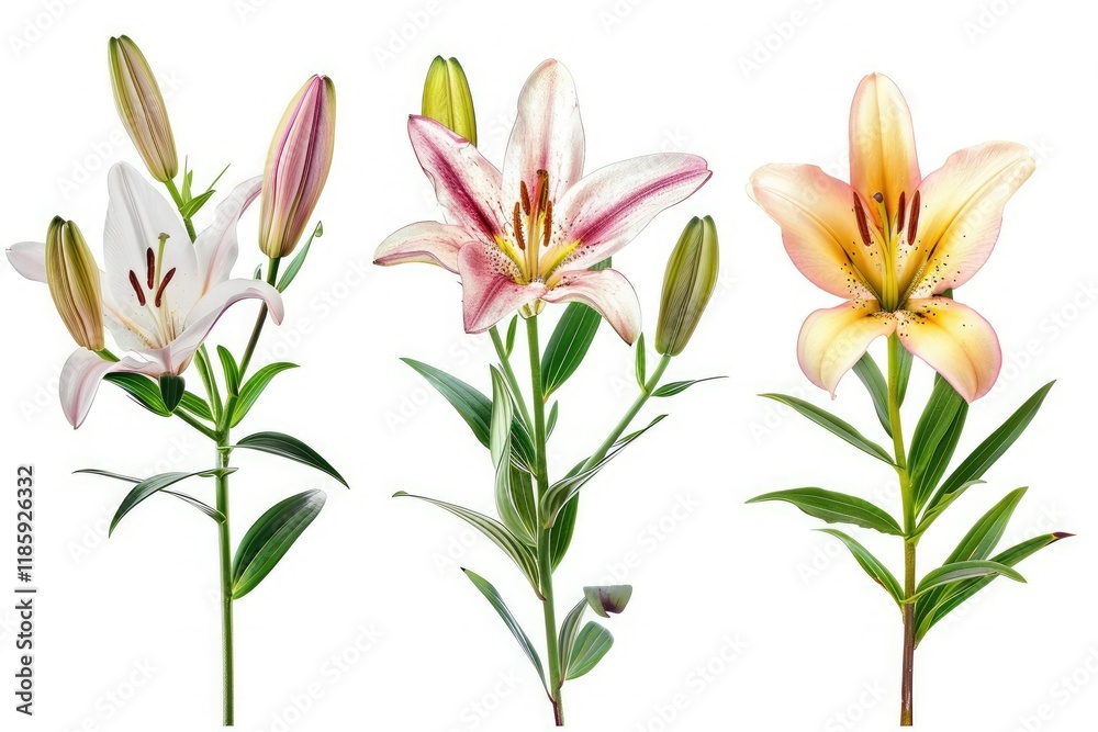 Vibrant Color Picture of Collection of Blooming Lilies with Buds Isolated Vibrant Color Picture of Collection of Blooming Lilies with Buds Isolated