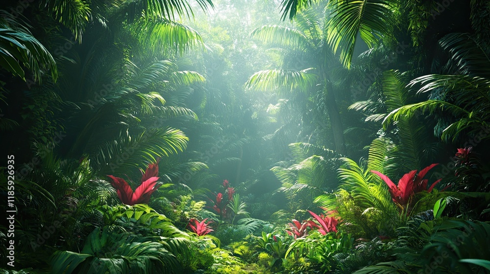 Obraz premium Dense jungle filled with tropical plants, creating an adventure-themed backdrop for exploration and nature