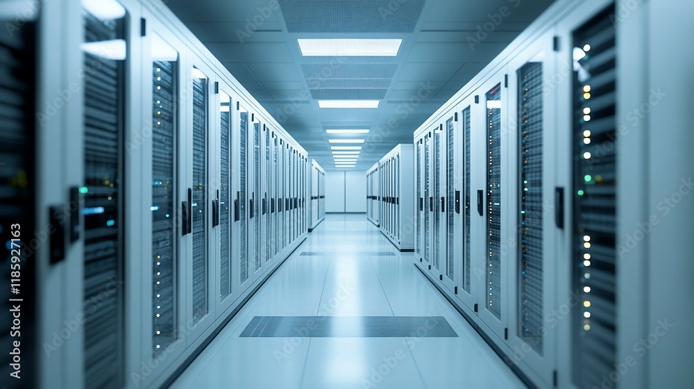 Fototapeta premium Inside a Modern Data Center: Rows of Servers and Advanced Technology