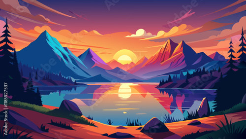 The breathtaking sight of a magnificent sunset casting vibrant colors over a calm lake, framed by majestic mountains in the distance