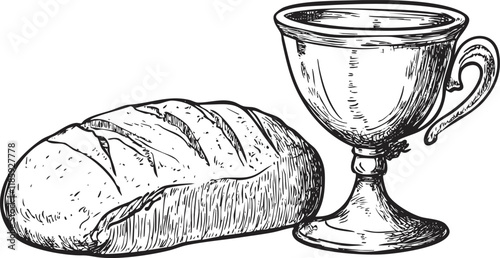 Vintage sketch of a loaf of bread and a chalice.