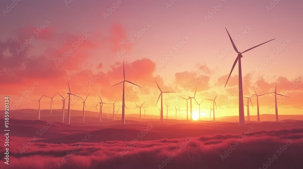 Obraz premium Sunset over wind turbines in a field.